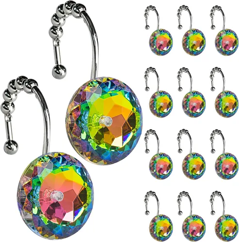Vista 11 de Sunlit Diseño de Lujo Redondo Aqua Azul Diamante Cristal Gema Bling con Bolas Deslizantes Ganchos para Cortina de Ducha, Anillos para Cortina