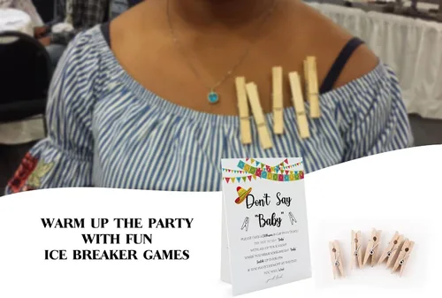 Vista 3 de Fiesta Don't Say Baby Game (1 letrero y 50 mini pinzas naturales) Juego de Don't Say Baby Shower, decoraciones de baby shower, juegos de baby