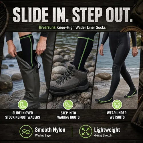 Vista 2 de Riverruns Knee-High Wader Liner Socks, Nylon Slip-On Socks for Fishing