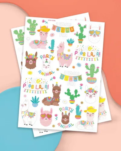 Vista 2 de xo, Fetti Tatuajes temporales de llama – 46 diseños metálicos Decoraciones de fiesta de cumpleaños de animales, recuerdos de fiesta del desierto