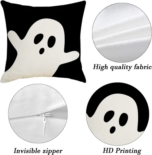Vista 5 de Juego de 2 fundas de almohada de Halloween de 16 x 16 pulgadas, decoración de fantasma blanco negro, funda de almohada de lino para el hogar, sofá