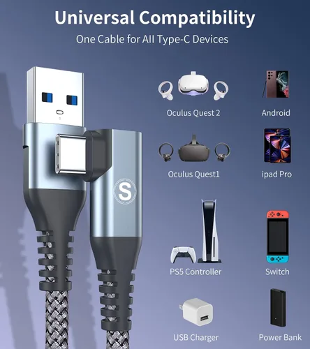 Vista 5 de Sweguard Cable de conexión de realidad virtual de 10 pies compatible con Oculus Quest 2 USB 32 Gen 1 USB A a USB C con transferencia de datos