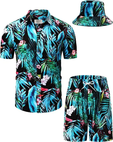 Vista 51 de TUNEVUSE Conjunto de camisas y pantalones cortos hawaianos para hombre, 2 piezas, trajes de playa con estampado de flores, traje tropical de verano