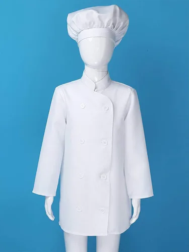 Vista 4 de ZUYPSK Conjunto de disfraz de chef para niñas y niños chaqueta de cocina juego de rol Halloween disfraces accesorios de fotografía para niños