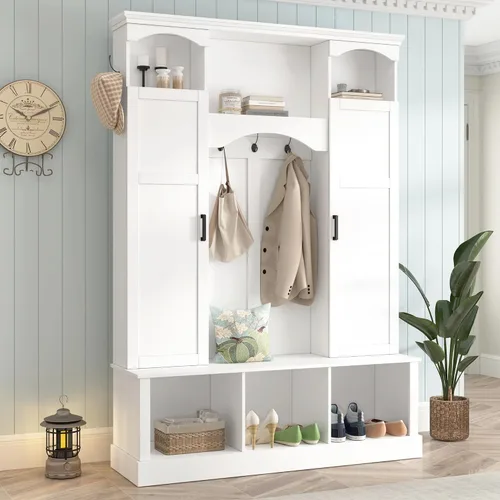 Vista 30 de JIVOIT Farmhouse Wood Hall Tree with Coat Hooks, Cabinets, 4 Drawers, Hooks (Ancient White/ 091)