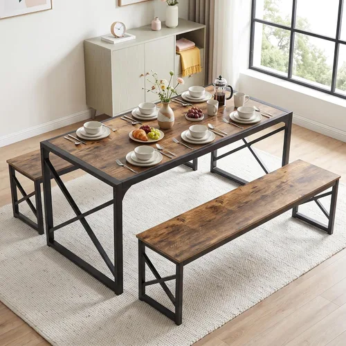 Vista 11 de VECELO Juego de mesa de comedor de cocina de 55 pulgadas para 4, marco de acero resistente y mesa de grano de madera, juegos de comedor que ahorran