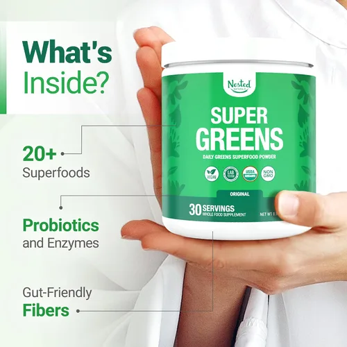 Vista 3 de SUPER GREENS Veggie Greens Superfood en polvo con 20 ingredientes orgánicos: espirulina, chlorella, cebada y otros, además de frutas orgánicas