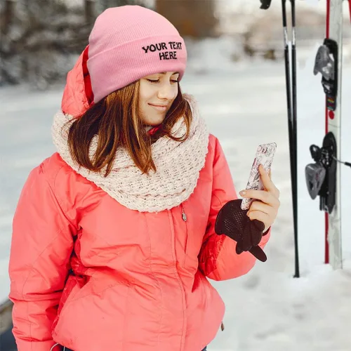 Vista 5 de Gorro de invierno para hombres y mujeres, gorro de acrílico con texto personalizado personalizado