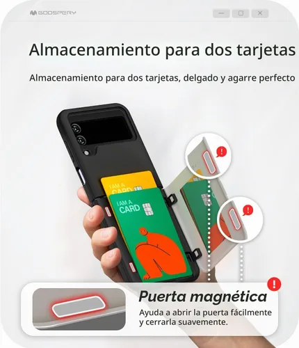 Vista 3 de GOOSPERY Funda tipo cartera para Samsung Galaxy Z Flip 4 / Z Flip 3, ranura para tarjetas oculta, puerta magnética de cierre automático, funda Negro