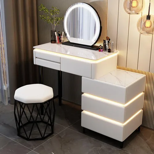 Vista 8 de Escritorio de maquillaje con luz LED, escritorio de tocador con espejo y luces, juego de tocador de maquillaje de 6 cajones para dormitorio Gris