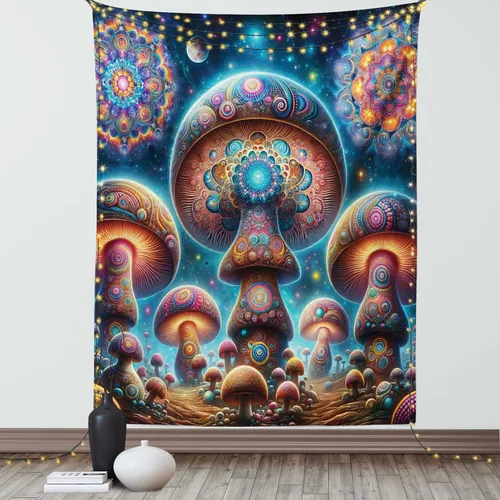 Vista 93 de Ambesonne Tapiz de hongos, atmósfera psicodélica, escena astral estrellada con motivos orientales trippy, decoración de tela para colgar en la pared