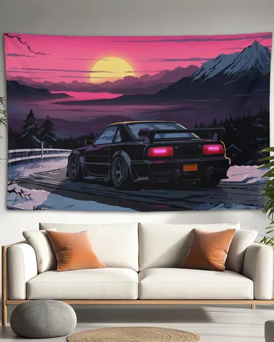 Vista 22 de QEOPGNE Tapiz de pared grande Jdm Anime Sunset Japanese Car S13, tapiz de pared para dormitorio, sala de estar, decoración estética, tapices de 30 x