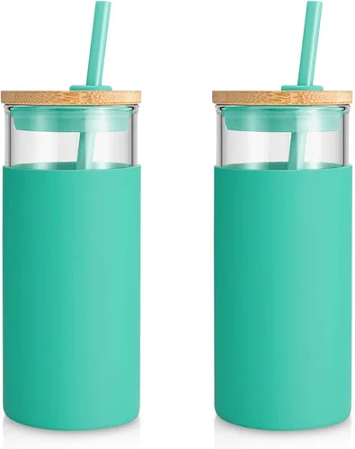 Vista 34 de Tronco Vaso de vidrio de 20 onzas con tapa y popote, taza de café helado y vaso para batido con tapas de bambú y funda protectora de silicona, apto