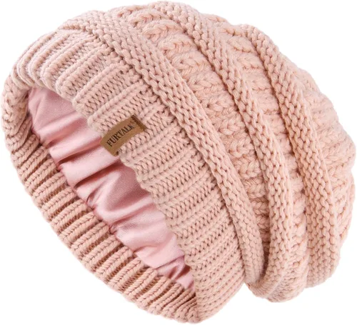 Vista 11 de FURTALK Gorro de invierno para mujer, con forro de satén, tejido trenzado, grueso, holgado, gorro cálido