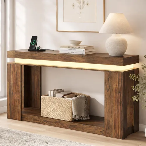 Vista 6 de Loomie - Mesa de consola larga de 63" con luces LED y toma de corriente, mesa de sofá de estilo granja de 2 niveles detrás del sofá