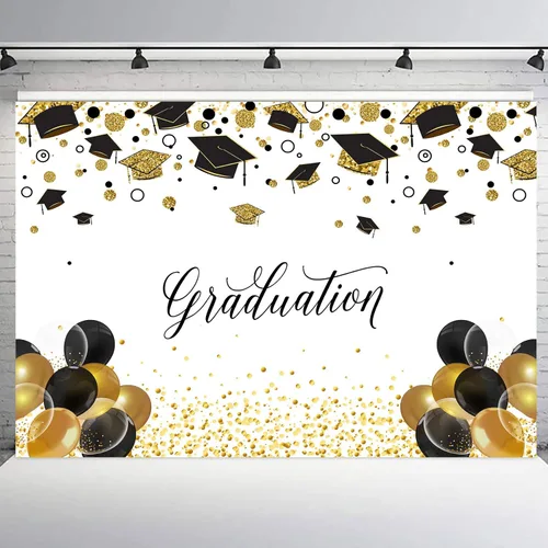 Vista 7 de Telón de fondo de graduación de 5 x 3 pies para sesión de fotos, globos negros y dorados de la clase de 2024, felicitaciones, fiesta de graduación