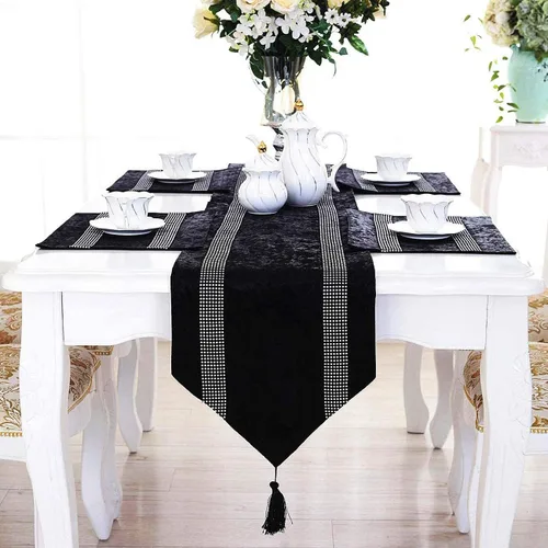 Vista 6 de Jiino Camino de mesa de 13x72 pulgadas, negro, con lentejuelas y strass, para decoración de mesa de comedor, 33x180cm