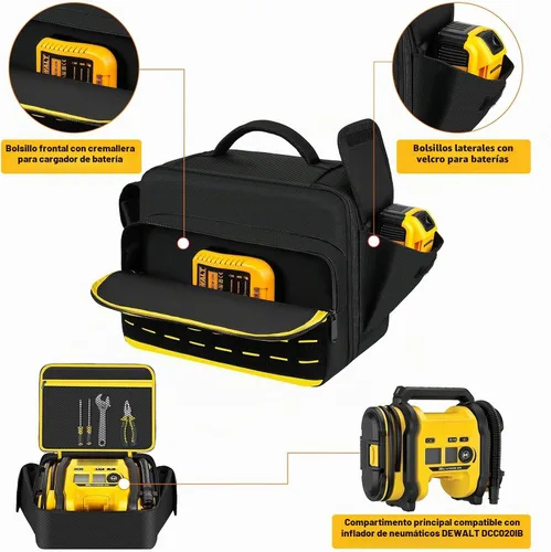 Vista 2 de Bolsa de compresor de aire compatible con el inflador de neumáticos DEWALT 20V Max (DCC020IB), funda de inflador portátil compatible