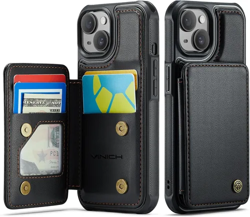 Vista 52 de Vinich for iPhone XR Wallet Case with Card Holder, Black RFID Blocking Credit Slots, Kickstand, Shockproof Flip Phone Cover, PU Leather, Double