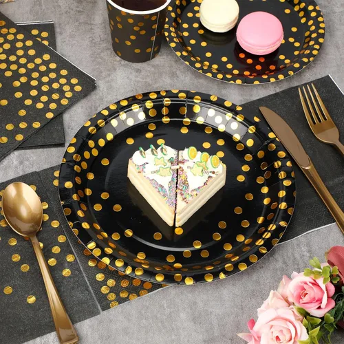 Vista 4 de Sieral 560 piezas de suministros de fiesta negros y dorados para 80 invitados, kits de vajilla de punto dorado, platos de papel negro, tazas