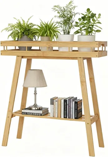 Vista 8 de BAMBANG Soporte de bambú para plantas de interior, mesa pequeña de 2 niveles, soporte alto para plantas de interior, estante para plantas