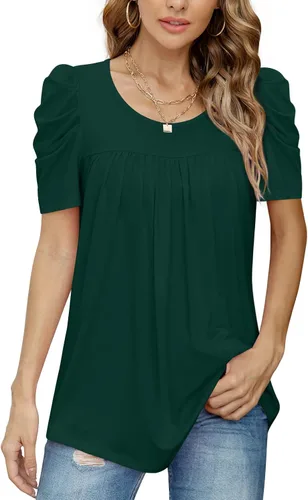 Vista 4 de Anydeer Camiseta casual de verano para mujer, manga abombada, cuello en V, blusa suelta, suéter de moda