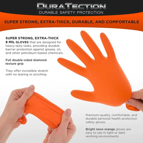 Vista 4 de Dura-Gold Duratection - Guantes desechables de nitrilo con textura de diamante, 8 mil color naranja