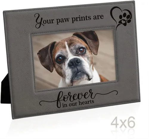 Vista 6 de KATE POSH - Your Paw Prints are Forever in our Hearts. Marco de fotos de cuero grabado. Regalo conmemorativo para mascotas, pérdida de perro y gato