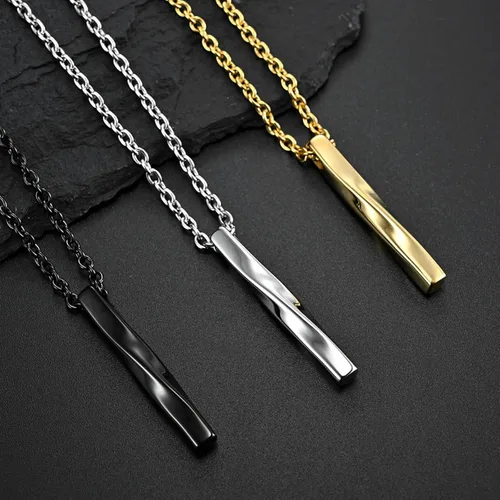 Vista 5 de Juego de 3 collares de cadena con colgante de barra en espiral de acero inoxidable para hombres y mujeres, negro, plateado, dorado, titanio, acero
