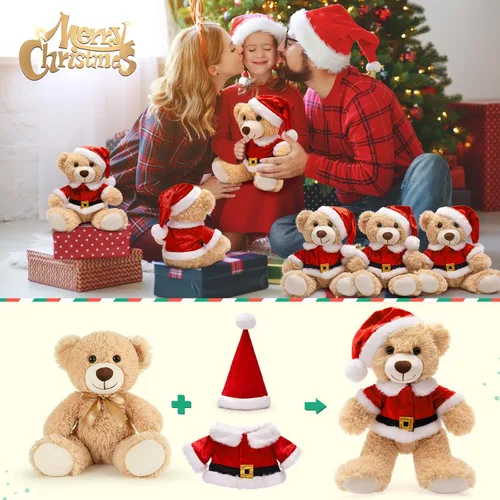 Vista 8 de MaoGoLan - 10 unidades de osos de peluche navideños, osos de peluche de 14'' con trajes clásicos de Santa - Camisa y sombrero removibles, se ajustan