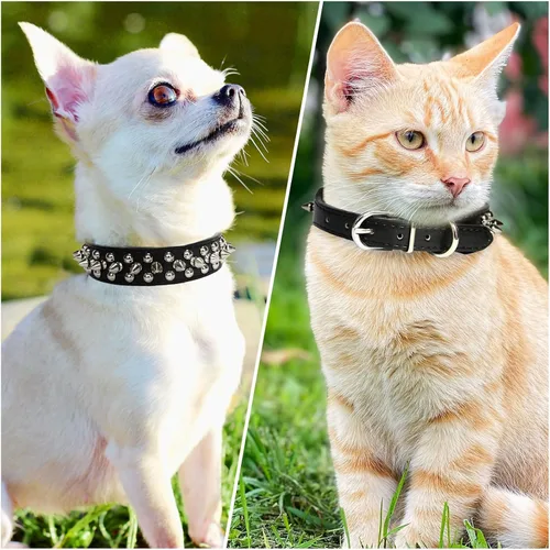 Vista 2 de Collar de perro y gato negro con púas pequeñas para perros pequeños y medianos machos – Collar ajustable con tachuelas – Collar de cuero punk