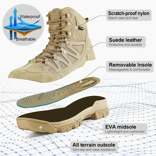 Vista 3 de FREE SOLDIER Botas de senderismo tácticas impermeables ligeras para hombre, botas militares de combate, botas de trabajo