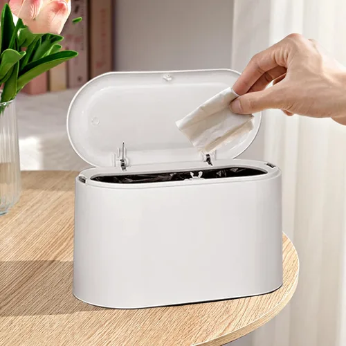 Vista 10 de LTWQLing - Bote de basura pequeño de plástico con tapa - Papelera emergente de 2 L para tocador de baño, escritorio, mesa o mesa auxiliar - Para