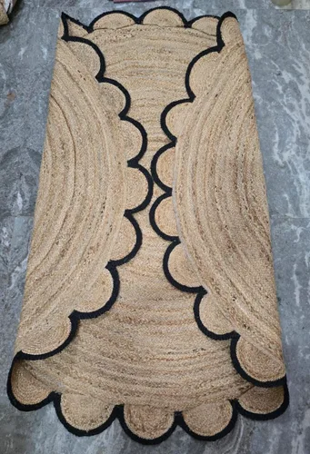 Vista 7 de Alfombra redonda natural de yute, alfombra de suelo con borde festoneado, trenzado, bohemio, ecológico, grande, circular hecha a mano, color negro