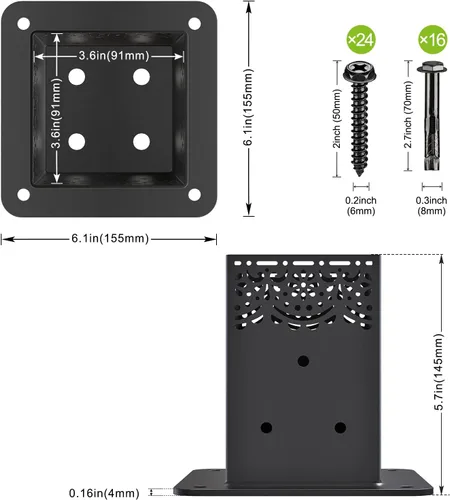 Vista 5 de Insaga Base decorativa de poste de 4 x 4 para hormigón, soporte de poste de 4 x 4 con base de 0.157 pulgadas de grosor, soportes de poste de C-4