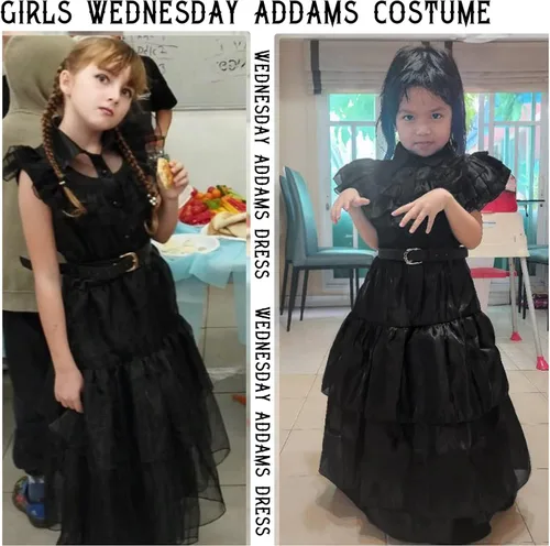 Vista 6 de VORLITS Wednesday Addams - Disfraz de niña para cosplay, Halloween, fiesta de Navidad