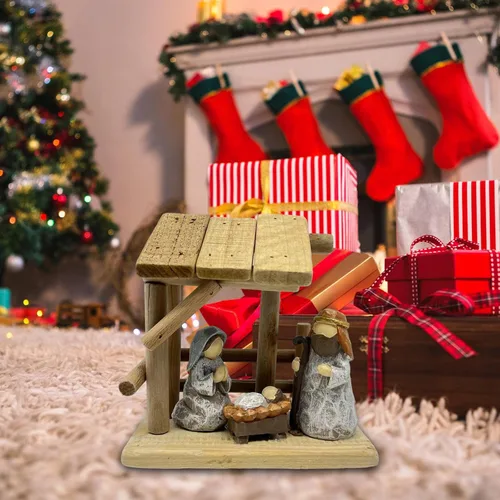 Vista 4 de Estatua de belén de Navidad, adorno de mesa, delicado, coleccionable, decoración navideña, escultura de resina de madera para estante del hogar