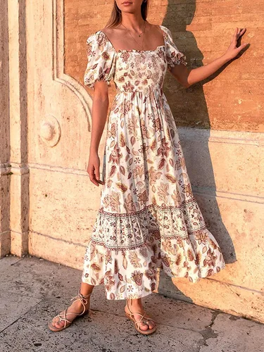 Vista 2 de ZESICA - Vestido de verano largo para mujer, diseño acampanado con cuello cuadrado y volantes, estampado floral y bohemio, para la playa