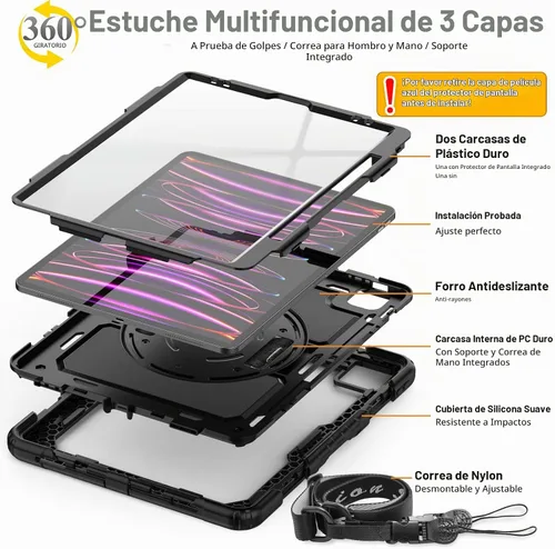 Vista 8 de SEYMAC stock Funda para iPad Pro de 12.9 pulgadas 2022/2021/2020/2018, color negro With Screen Protector, 360 Rotating Stand Hand Strap