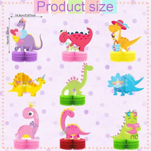 Vista 2 de Leinuosen 9 piezas de decoraciones de cumpleaños de dinosaurio para niñas, decoraciones de mesa de fiesta de dinosaurio rosa 3D, centros de mesa