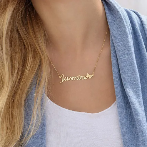 Vista 6 de MYKA - Collar con nombre personalizado con dije de mariposa - Colgante personalizado - Metales preciosos plata de ley 925 y chapado en oro de 18