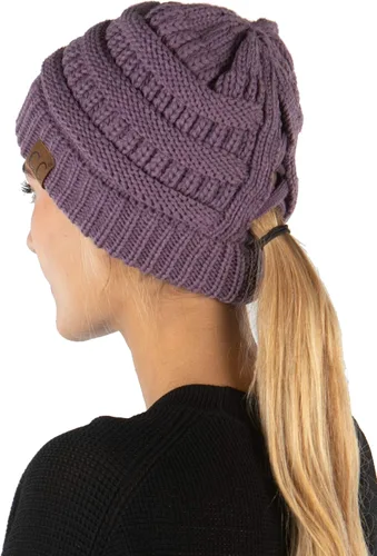 Vista 16 de Funky Junque - Gorro de coleta para mujer – Gorro de invierno con cola de caballo cruzada para mujer, cálidos y lindos gorros de punto con cola