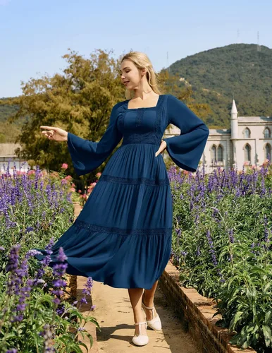 Vista 9 de Scarlet Darkness Vestido renacentista para mujer, vestido pirata, campesino, mangas acampanadas, vestidos largos con vuelo