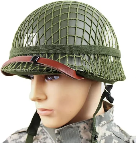 Vista 2 de Perfecto réplica del casco del ejército de EE.UU. M1 verde de la WW2 con correa de barbilla de red/lona para pintar tú mismo