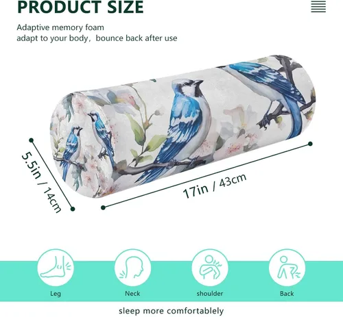 Vista 3 de Blue Birds White Neck Pillow for Sleeping, Cervical Roll Memory Foam Pillows for Neck Pain Relief, Neck Support Round Pillows with Washable Cover