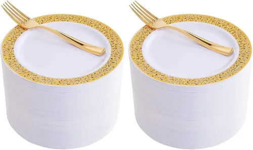 Vista 18 de Platos de postre de plástico plateado con tenedores de plástico, 100 platos cuadrados desechables para aperitivos, platos pequeños con borde Blanco