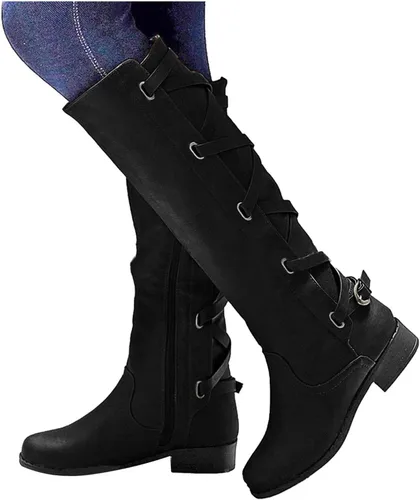 Vista 2 de Masbird Botas para mujer, botas planas de cuero estilo retro y casual, punta redonda, correa de hebilla de tacón bajo, botas de invierno altas hasta