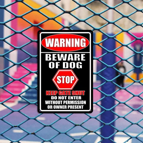 Vista 6 de Letreros de metal con texto en inglés "Beware Of Dog" para valla (paquete de 2) letreros de metal para decoración de perros, advertencia de jardín