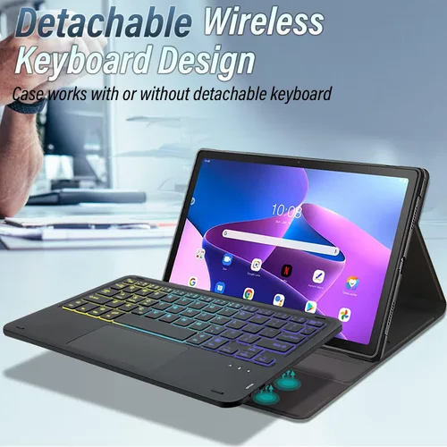 Vista 3 de Funda de teclado retroiluminado con panel táctil para Lenovo Tab M10 Plus 3ª generación de 10.6 pulgadas versión 2022, teclado inalámbrico