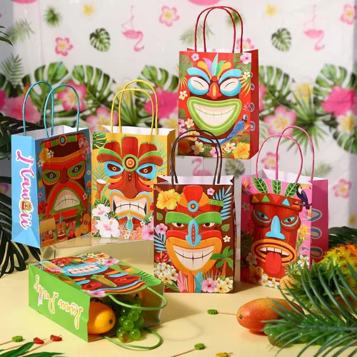 Vista 2 de 24 bolsas de regalo para fiesta Luau, bolsas de papel Aloha hawaianas, bolsas de regalo para fiesta Tiki, bolsas de regalo tropicales con asas